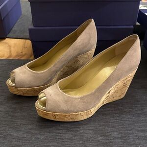 Stuart Weitzman Taupe Suede Peep-Toe Cork Platform Pumps